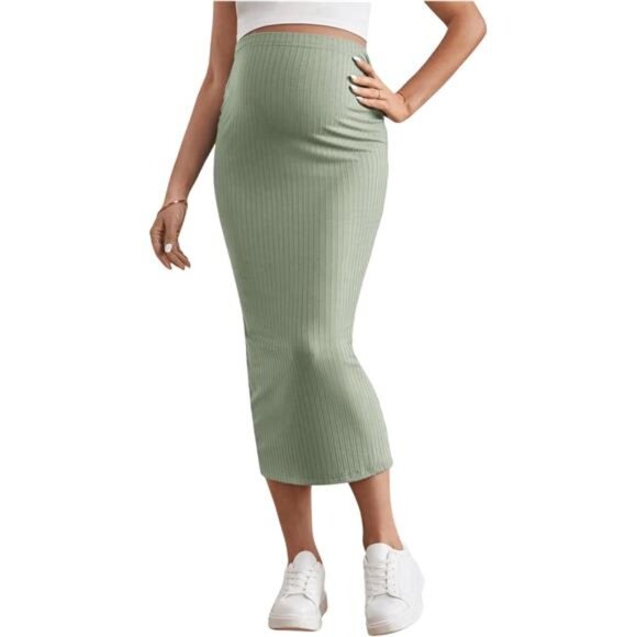 Women's Skirt Rib Knit High Waist Long Skirt Mint Green - Picture 1 of 6